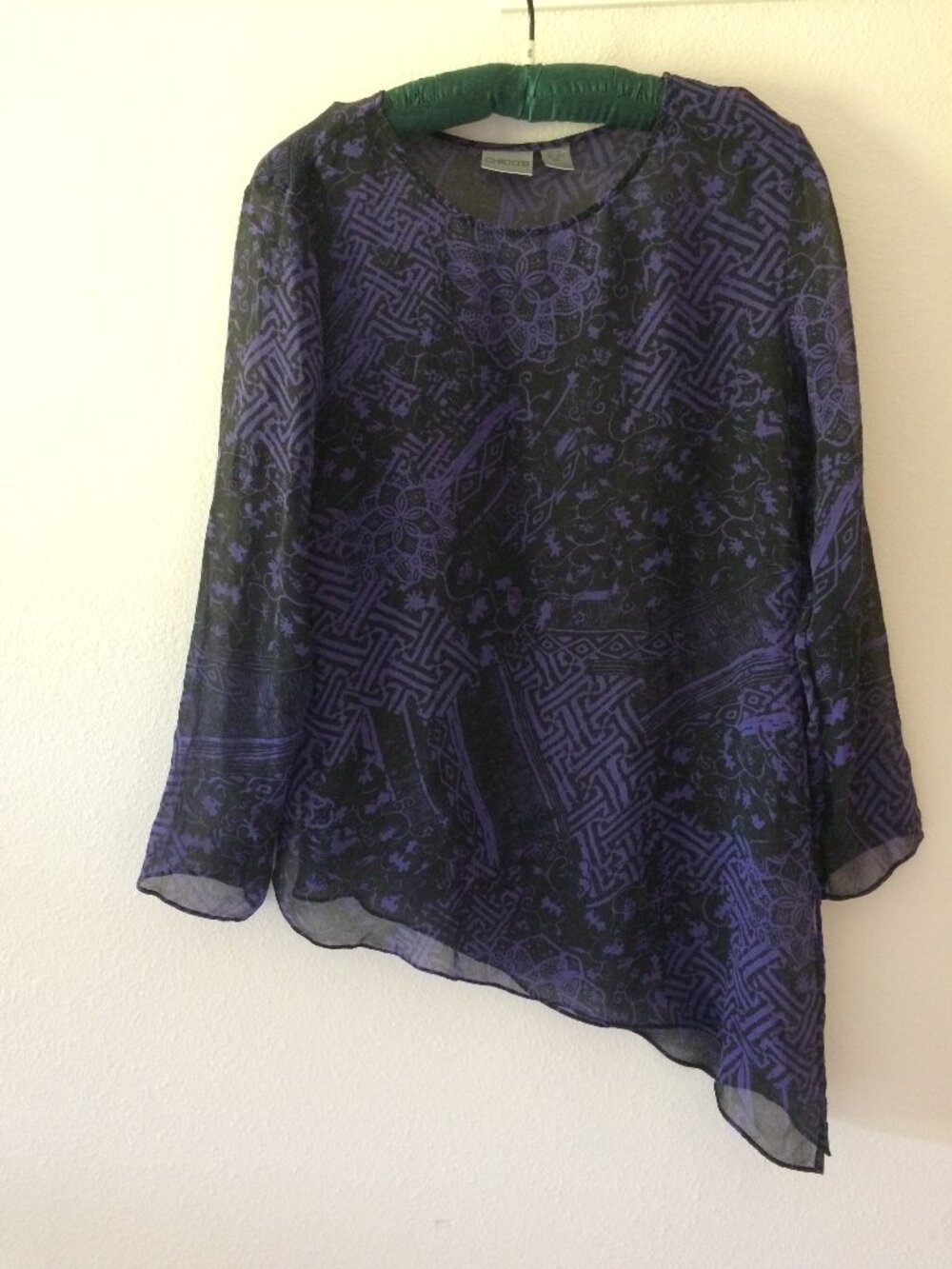Chico’s Black and Purple Long Sleeve Sheer Silk Asymmetrical Top